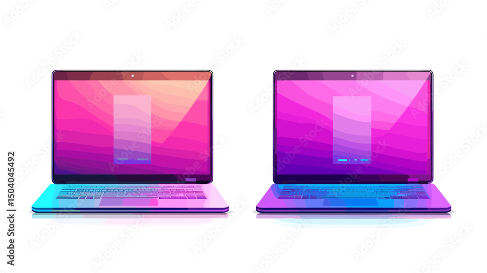 Poster two pixel art laptops with gradient screens on white background tech innovation design