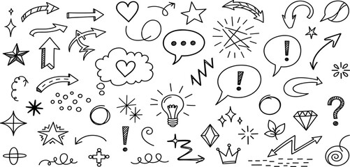 Fototapeta premium Line marker hand drawn brush arrow element set. Sketch pencil stroke vector graphic pen underline scribble icon. Hand drawn line heart, crown, star symbol highlight marker shape