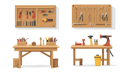 Two Workbenches with Tools Hanging on Pegboards in a Workshop Illustration Pixel Art Style