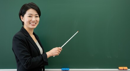 Professional and Smiling Female Teacher, Possibly of East Asian Descent, Holding a Pointer Stick in Front of a Green Chalkboard