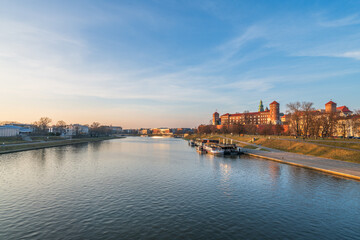 Wawel castle famous landmark in Krakow Poland. Picturesque landscape on coast river Wisla
