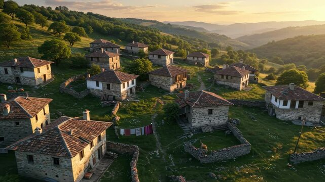 Aerial View of a Picturesque Village Nestled in the Mountains at Sunset