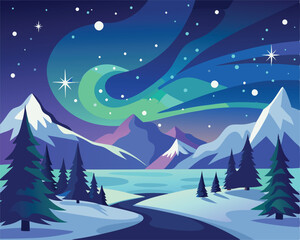 Naklejka premium Aurora Borealis Winter Landscape. Magical Night Sky over Snowy Mountains