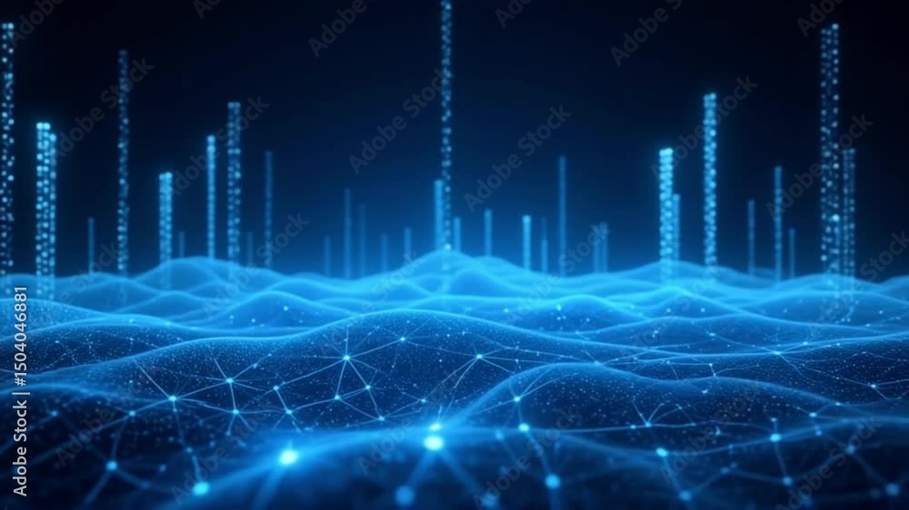 Poster abstract blue landscape with glowing lines and dots representing data connections in cyberspace