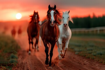 Fototapeta premium Three horses running on a dirt road
