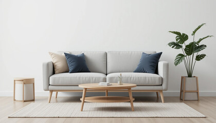 Fototapeta premium Modern Living Room Interior Design Sofa Coffee Table Plant Rug