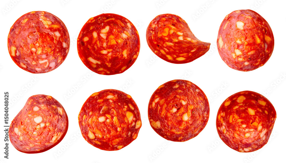 Poster eight chorizo slices rotating and falling on a transparent background