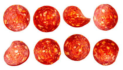 Eight chorizo slices rotating and falling on a transparent background