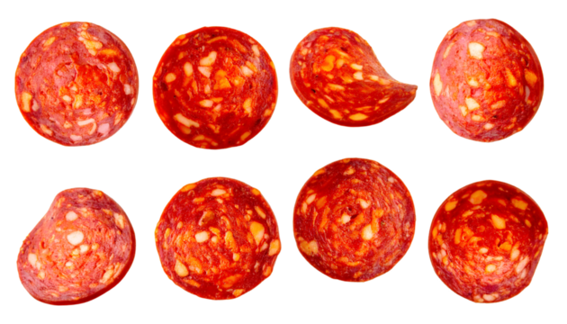 Eight chorizo slices rotating and falling on a transparent background