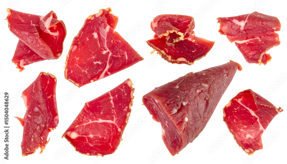 Poster dry cured beef dropping in many pieces, isolated on transparent background