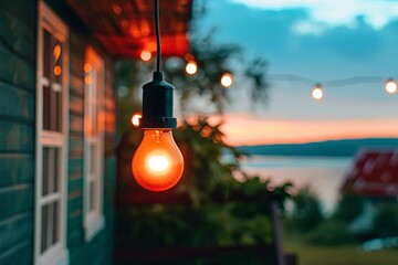 A light bulb is hanging from a string