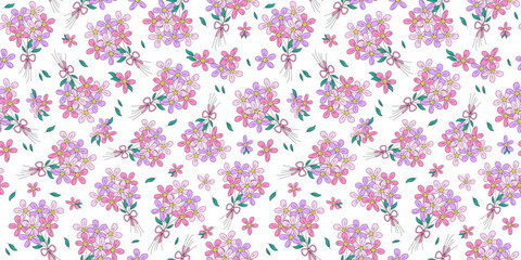Bouquet of flowers, seamless pattern. Gift for holiday, birthday, wedding. Line drawing, doodle. Simple meadow flower. Vector repeating background.