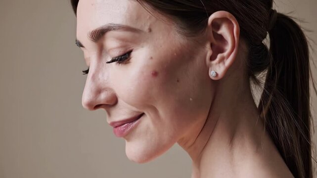 Close-up side profile of a woman smiling softly, showcasing natural beauty. The video captures a serene and candid moment with a neutral background.