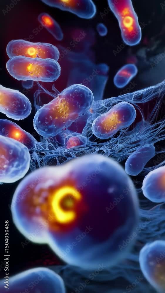 Poster Depiction of rod-shaped microorganisms with internal illumination and network-like structures, set against a dark background, creating a scientific and detailed illustration.