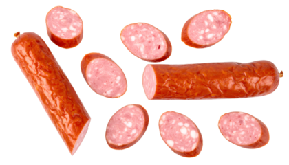 Smoked sausage with slices flying apart on transparent background