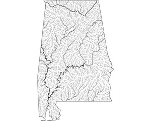 Alabama River Map - Detailed Hydrographic Network & Waterways | Minimalist Vector Art, Black on Transparent with State Outline | GIS & Cartography Stock Image