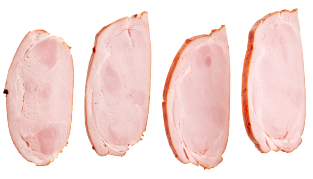 Four slices of turkey ham falling on transparent background