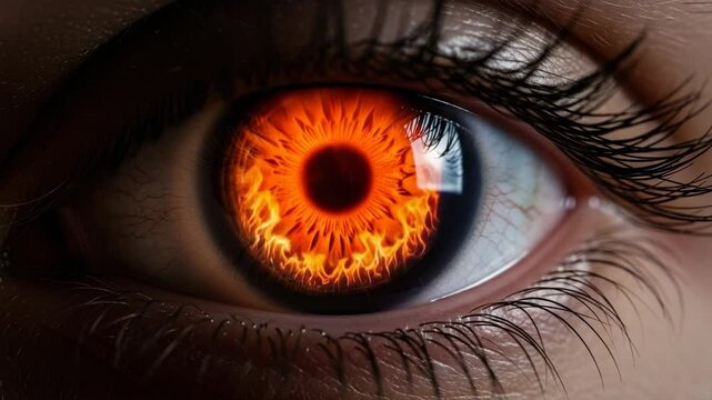 Fiery eye close-up showing intense orange and red flames in pupil. Eye with burning fire inside iris, detailed view of eyelashes and eyelid. 