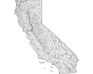 Minimalist River Map of California, USA: Detailed Hydrographic Network & Waterways. Black Lines on Transparent Background with State Outline. Vector Art for GIS, Cartography, Education, Design & Stock