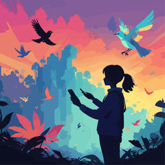Digital Detox Silhouette Vector &ndash; Person Letting Go of Pixelated Phone, Reaching Toward Nature