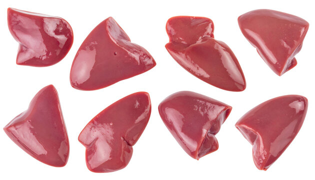 Fresh chicken liver slices falling on transparent background
