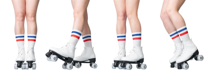 White roller skates with striped socks on caucasian female legs.