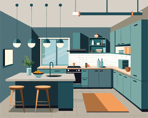 Modern Teal Kitchen Design. Island. Cabinets. and Decor