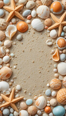 Obraz premium photo of assorted seashells, starfish, and smooth pebbles arranged on a sandy surface