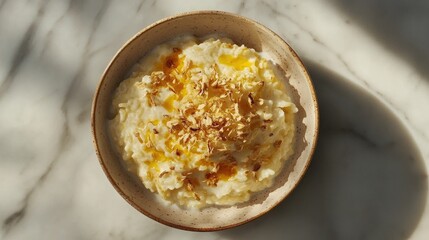 Minimalist rice pudding presentation in a single bowl on marble with light natural shadows