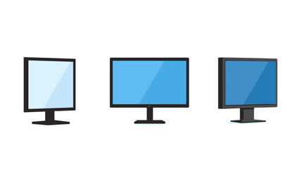 Three Computer Monitors with a Blue Screen Depicting Modern Technology and Office Equipment on a White Background