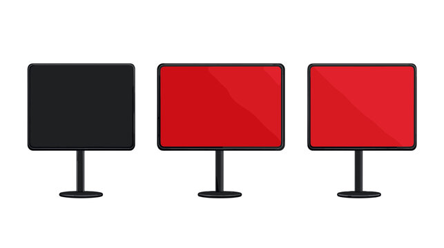 Three Displays One Black and Two Red on Stands on White Background Mockup