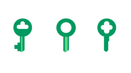 Three Green Keys in Various Designs on White Background