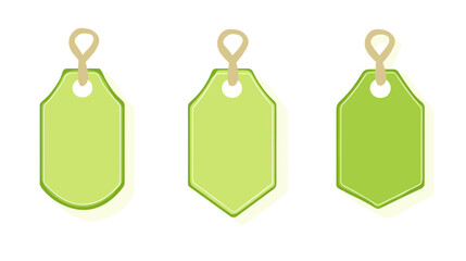 Three Green Tags With String Hanging Isolated on White Background Price Labels For Product Sales
