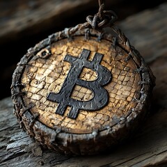 Artistic handcrafted bitcoin symbol with rustic design and high resolution image on wooden background