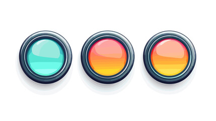 Three Pixel Art Style Buttons in Teal Orange and Red with Chrome Border on a White Background