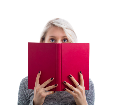 Portrait of a cute young woman hiding behind an open red book, looking scared after reading a spooky story, isolated on transparent background