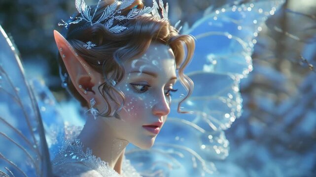 A snow fairy elf with icy blue wings stands in a winter wonderland, surrounded by snow. Her serene expression and frosty appearance evoke a magical, cold atmosphere.