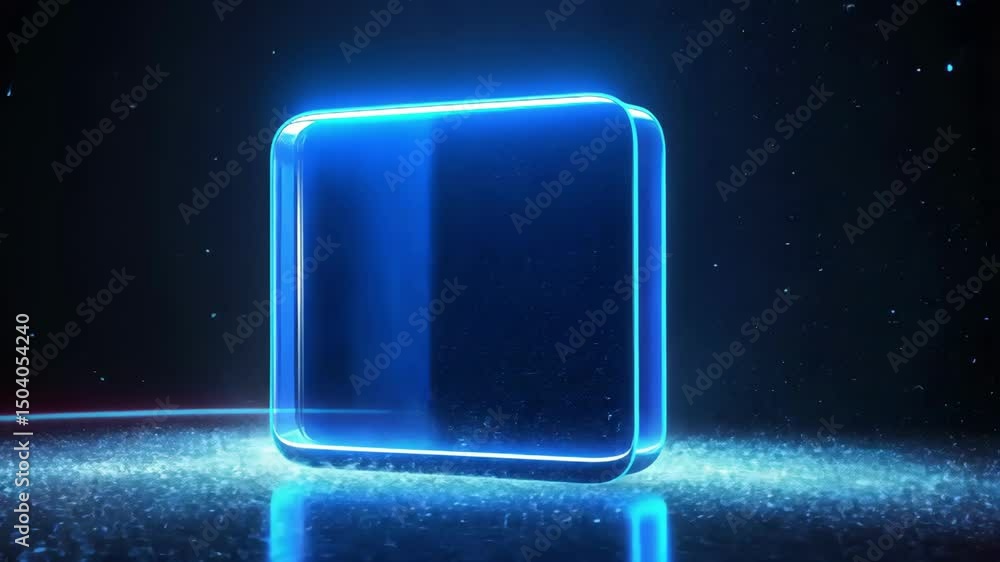 Aufkleber shiny blue digital object with glitter particles floating in dark technology background.