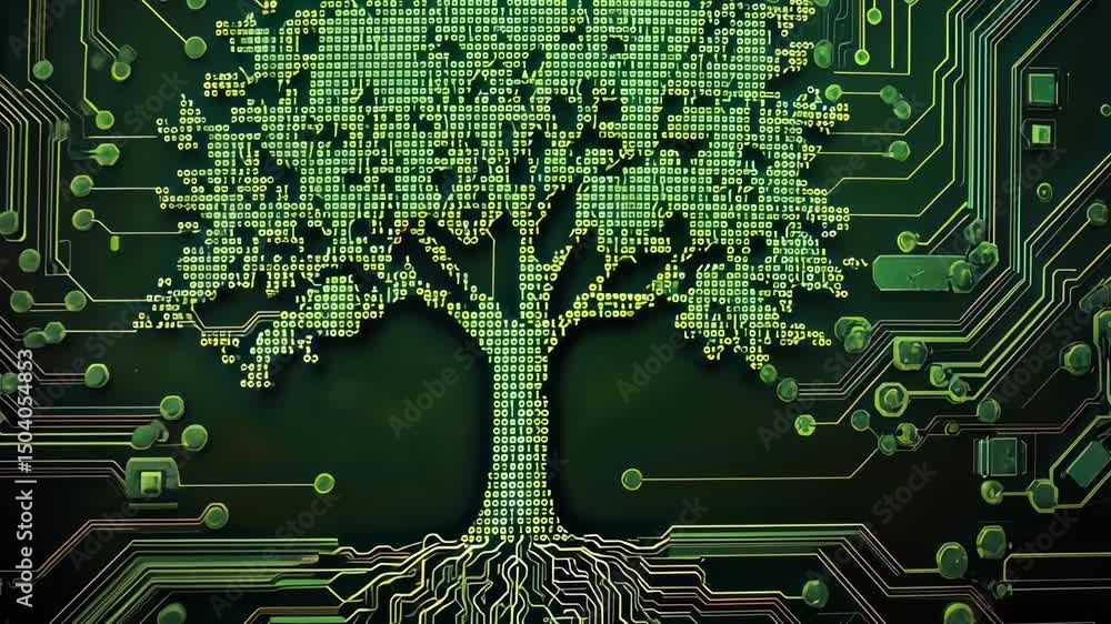 Aufkleber abstract tree with roots formed from green computer circuit board patterns and technology.