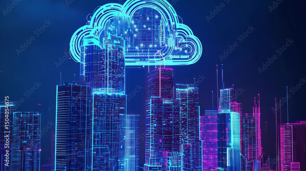 Poster futuristic glowing city skyline with cloud computing concept. digital technology and modern communic