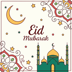 Eid Mubarak greeting card illustration featuring festive design, perfect for celebrating the Eid festival