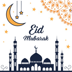 Eid Mubarak greeting card illustration featuring festive design, perfect for celebrating the Eid festival