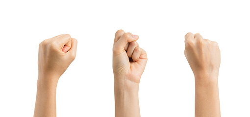 Hands clenched and raised isolated on white background.