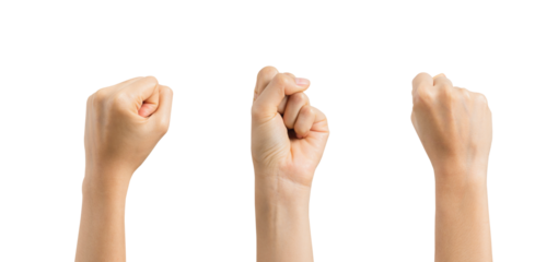 Hands clenched and raised isolated on white background.