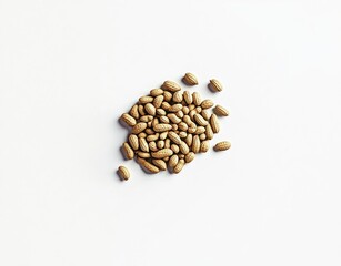 A small cluster of light brown peanuts scattered loosely on a stark white background, showcasing their texture and shape
