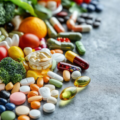 Assortment of vitamins and medications on a background of healthcare materials symbolizing the focus on prevention and treatment of various health issue
