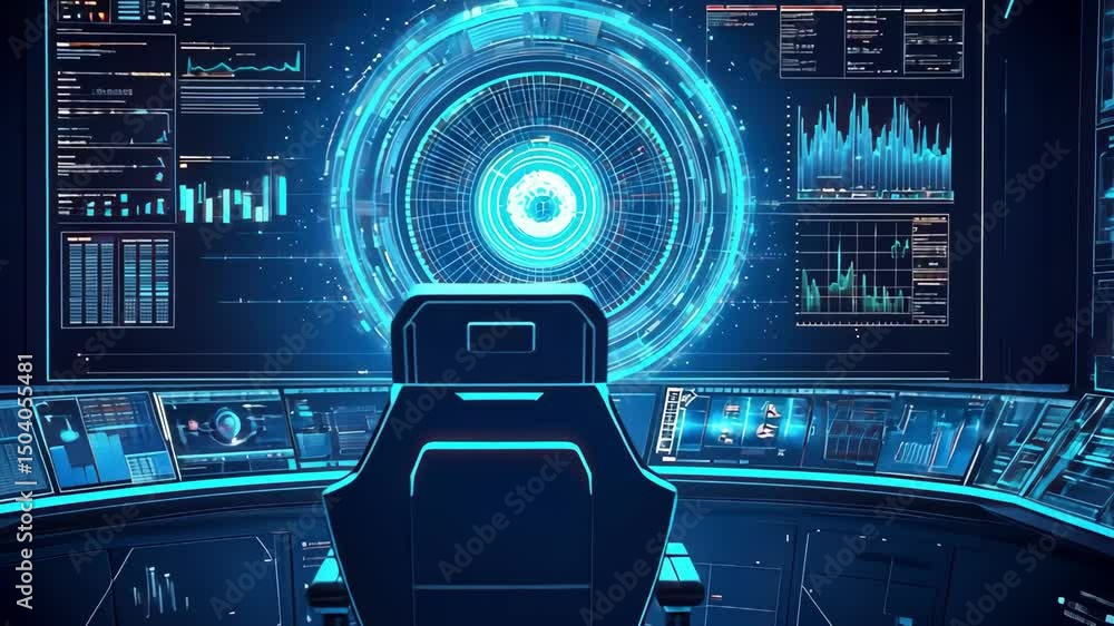 Aufkleber Futuristic control center with digital displays and cyber technology, data analysis. Technology interface with blue glowing data and information, showing information.