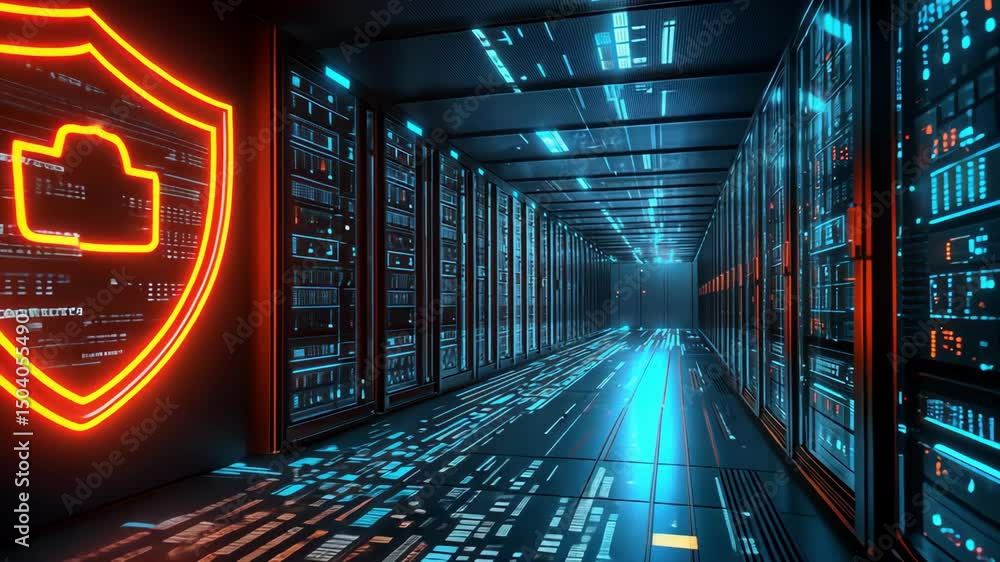Poster data center with glowing shield for network security and digital technology. rows of server racks pr