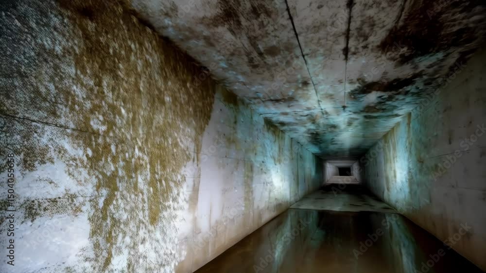 Poster abstract perspective of a long rectangular tunnel or passage with textured walls and dim lighting le