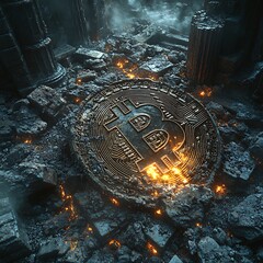 Bitcoin cryptocurrency digital currency concept with flames in a ruined architectural landscape, a high resolution image